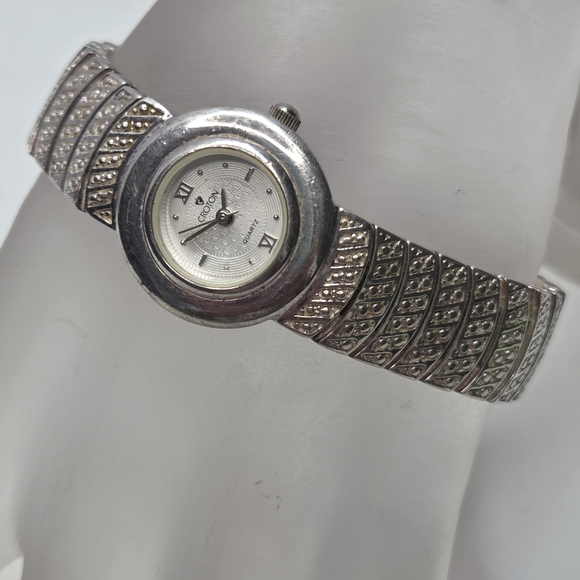 croton ladies womens wrist watch sterling silver textured round heavy classic - Picture 1 of 8